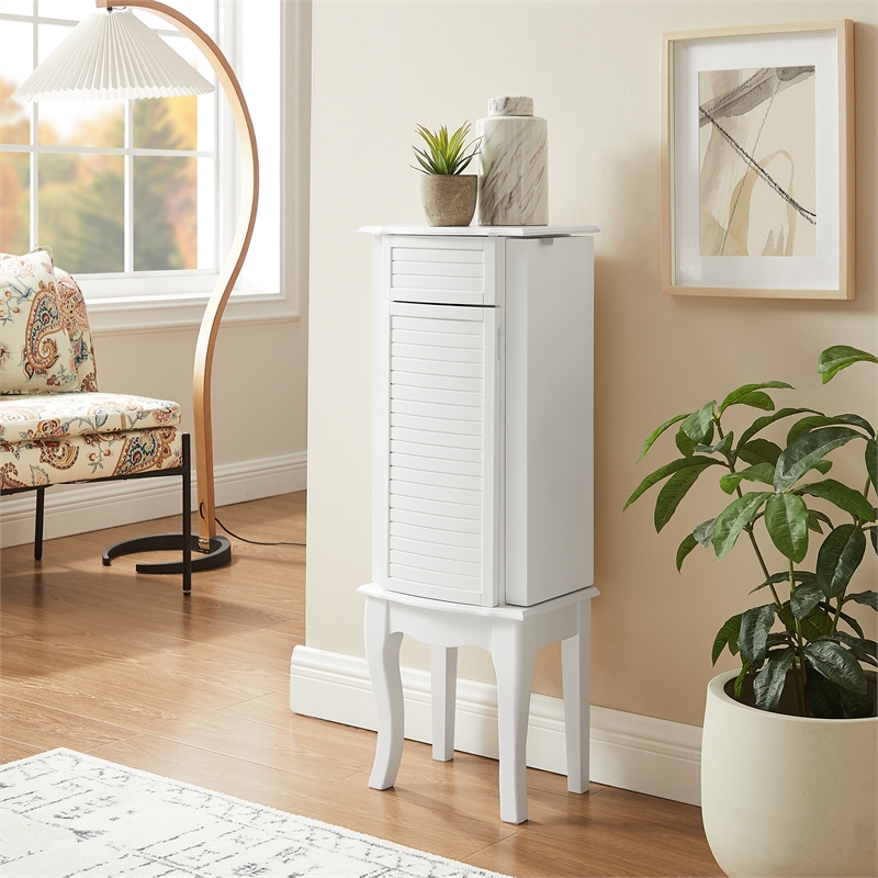 Linon Honor Jewelry Armoire Front Shutter Panel 4 Lined Drawers in White Wood