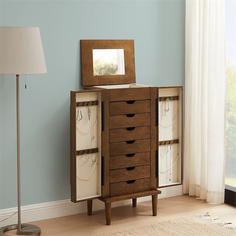 Linon Livi 7-Drawer Wood Jewelry Armoire with Flip Top in Brown