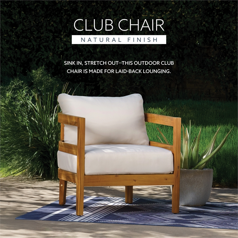 Linon Seacrest Slat Back Club Chair with Beige Cushions in Brown Acacia Wood