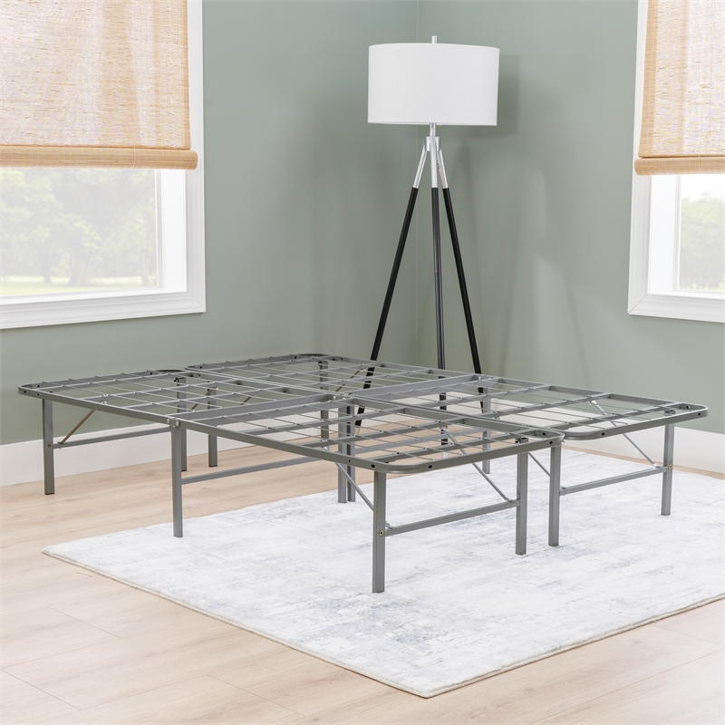 Linon Lowell Full Folding Platform Mattress Base in Grey Powder Coated Steel