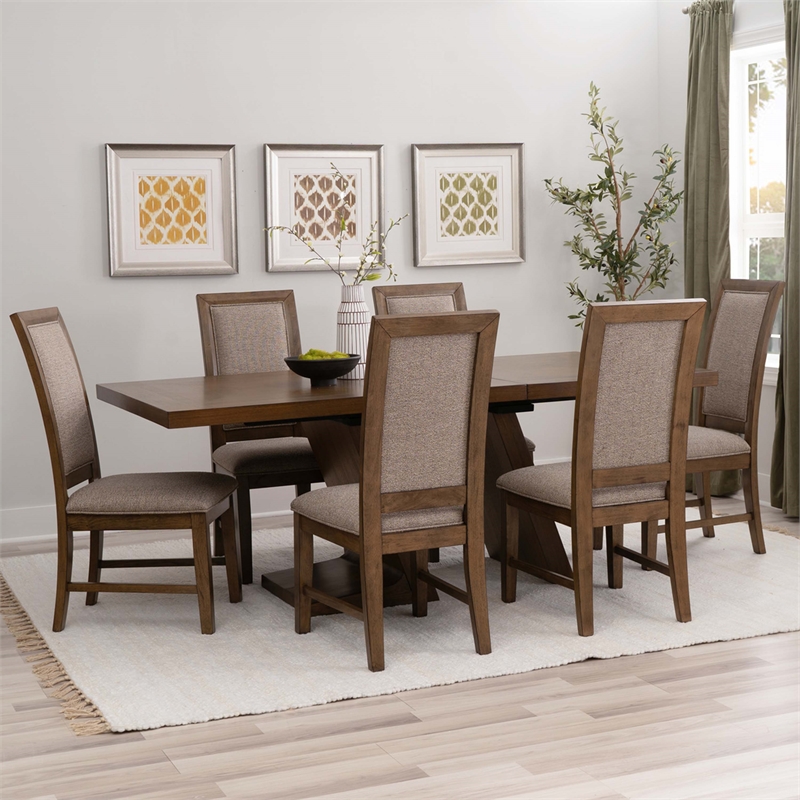 Linon Carver 7 Pce Extendable Dining Set with 6 Upholstered Chairs in Brown Wood