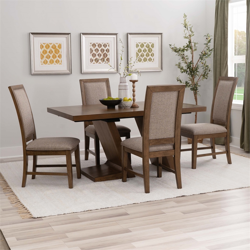 Linon Carver 5 Pce Extendable Dining Set with 4 Upholstered Chairs in Brown Wood