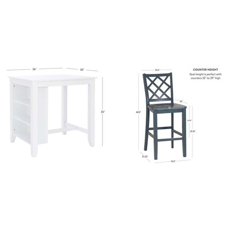 Linon Nico 3 Pce Counter Dining Set White Table/2 Chairs in Graphine Gray Wood