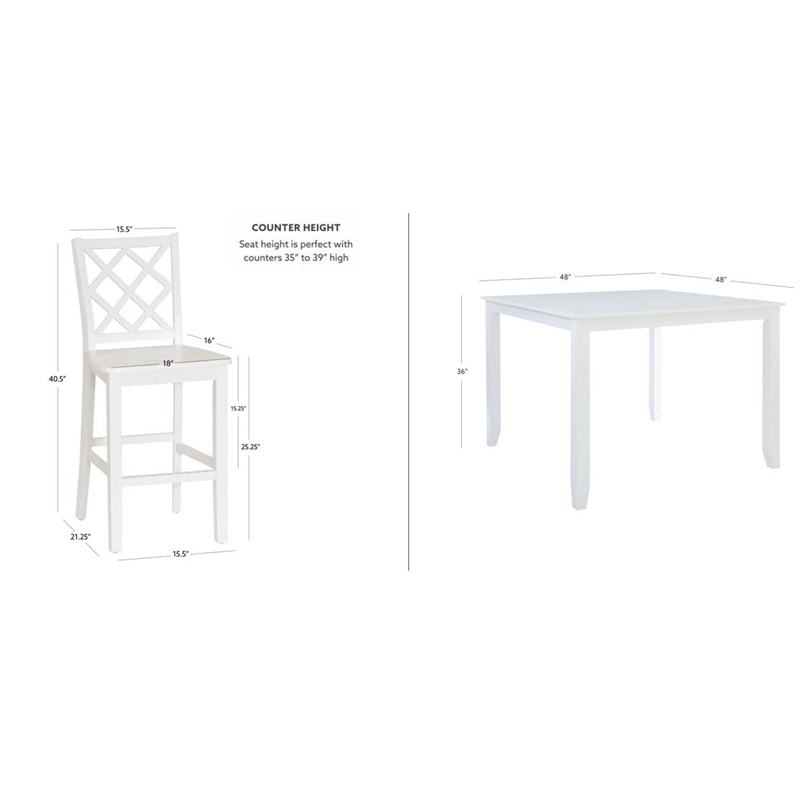 Linon Nico 5 Piece Counter Dining Set Table/4 Lattice Back Chairs in White Wood
