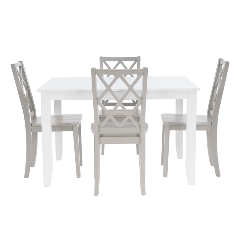 Linon Nico 5 Pce Dining Set White Table/4 Light Gray Lattice Back Chairs in Wood