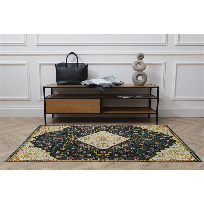 Linon Logan Gazia Polyester 3' X 5' Accent Rug in Black and Ivory