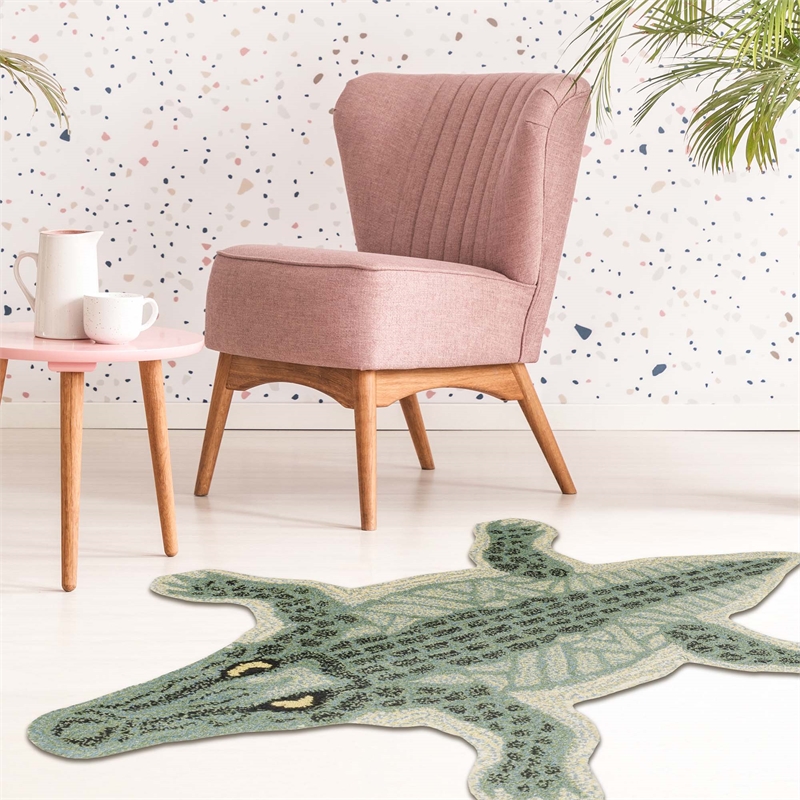 Linon 2' X 3' Jungle Crocodile Shaped Accent Rug in Green Wool