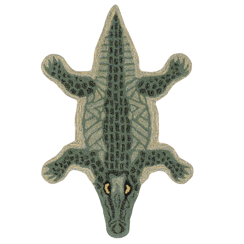 Linon 2' X 3' Jungle Crocodile Shaped Accent Rug in Green Wool