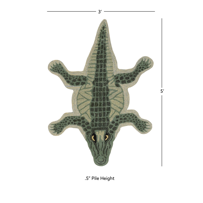Linon 3' X 5' Jungle Crocodile Shaped Accent Rug in Green Wool