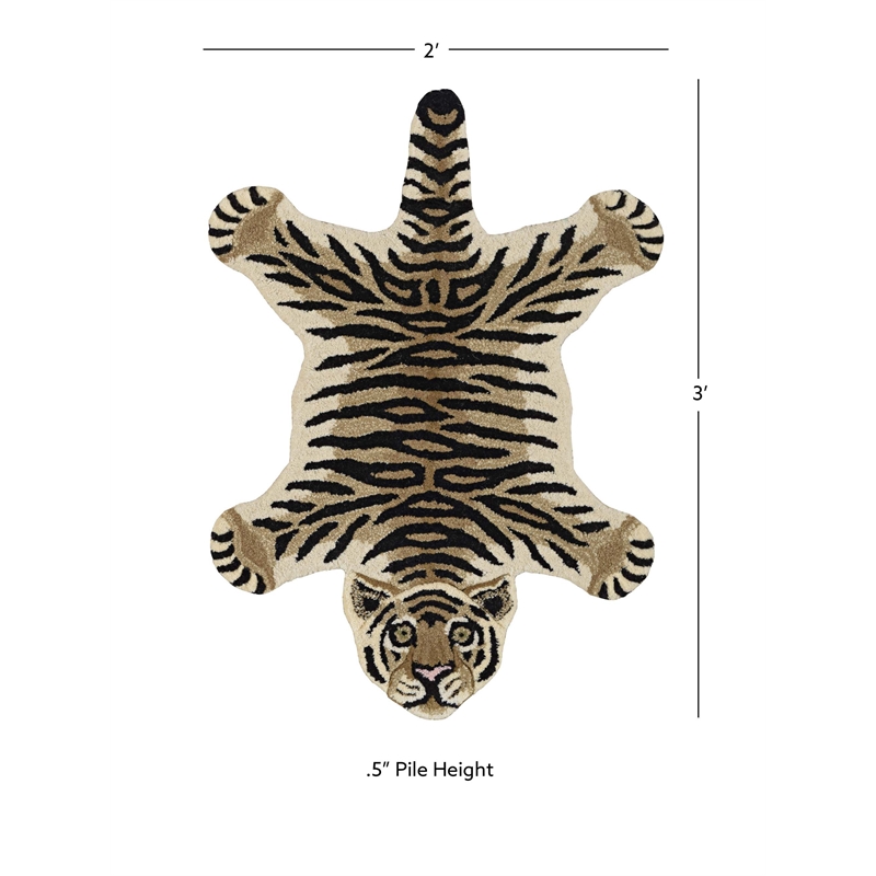 Linon 2' X 3' Jungle Tiger Shaped Accent Rug in Gold and Black Wool