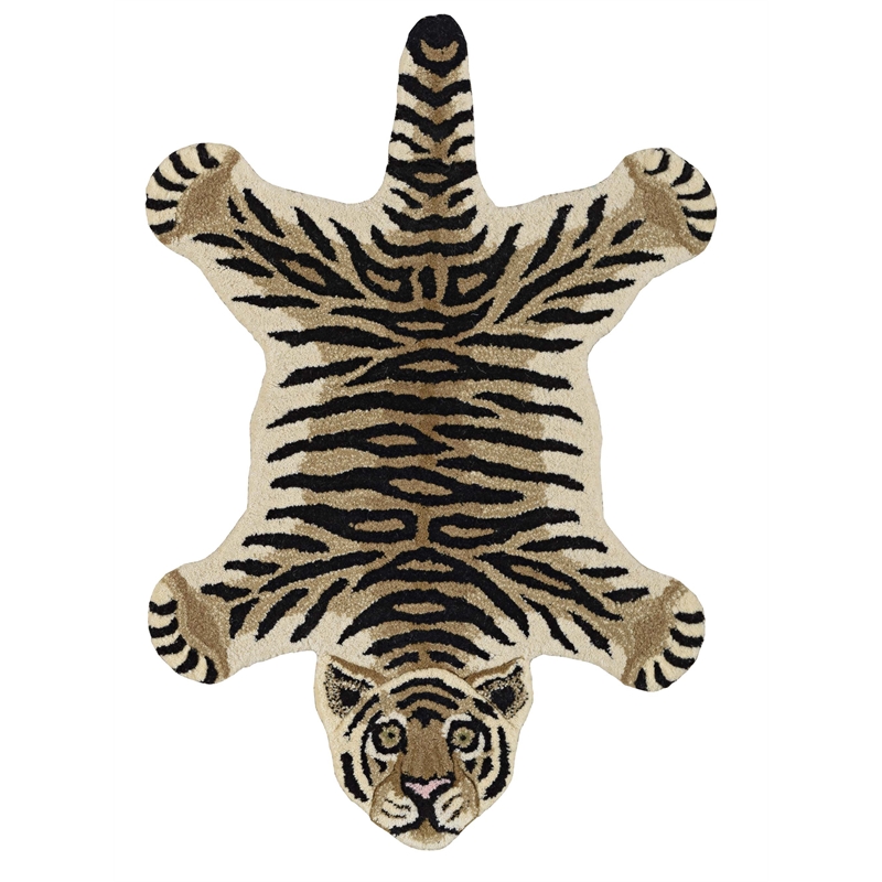 Linon 2' X 3' Jungle Tiger Shaped Accent Rug in Gold and Black Wool