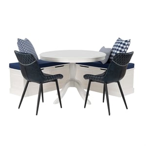 Linon Troyin 5 Pce Set White Wood Nook/Table/2 Padded Chairs/Cushion Set in Blue