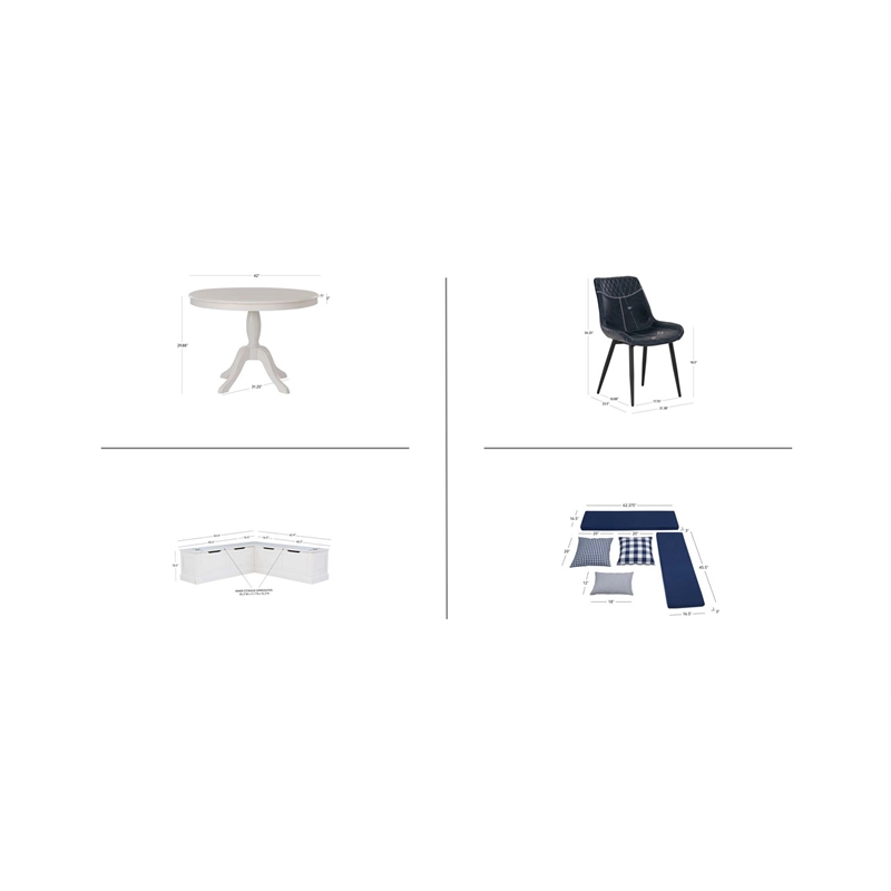 Linon Troyin 5 Pce Set White Wood Nook/Table/2 Padded Chairs/Cushion Set in Blue
