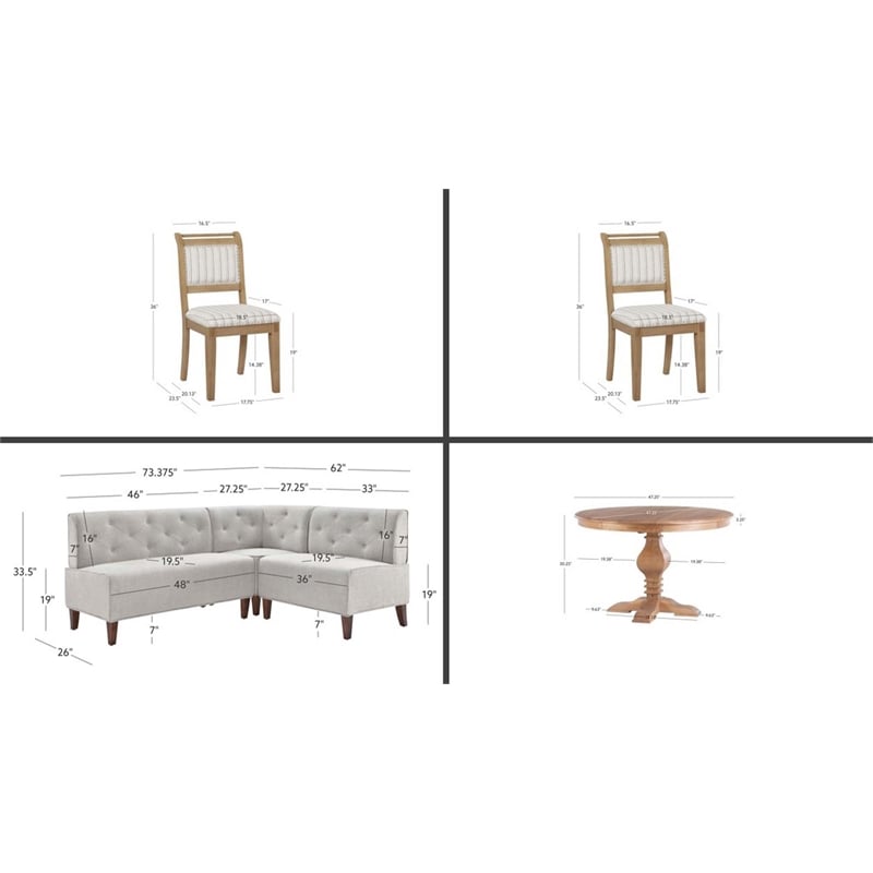 Linon Hale 4 Pce Set Upholstered Gray Nook/Round Table/2 Chairs in Natural Wood