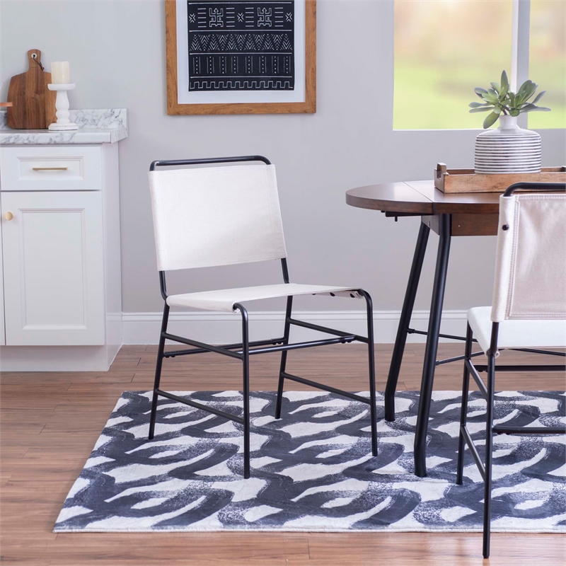 Linon Willey Dining Chair Cream Faux Leather Sling Seat Steel Frame in Black