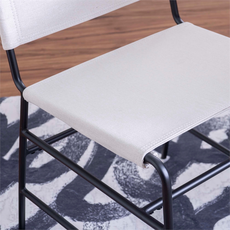 Linon Willey Dining Chair Cream Faux Leather Sling Seat Steel Frame in Black
