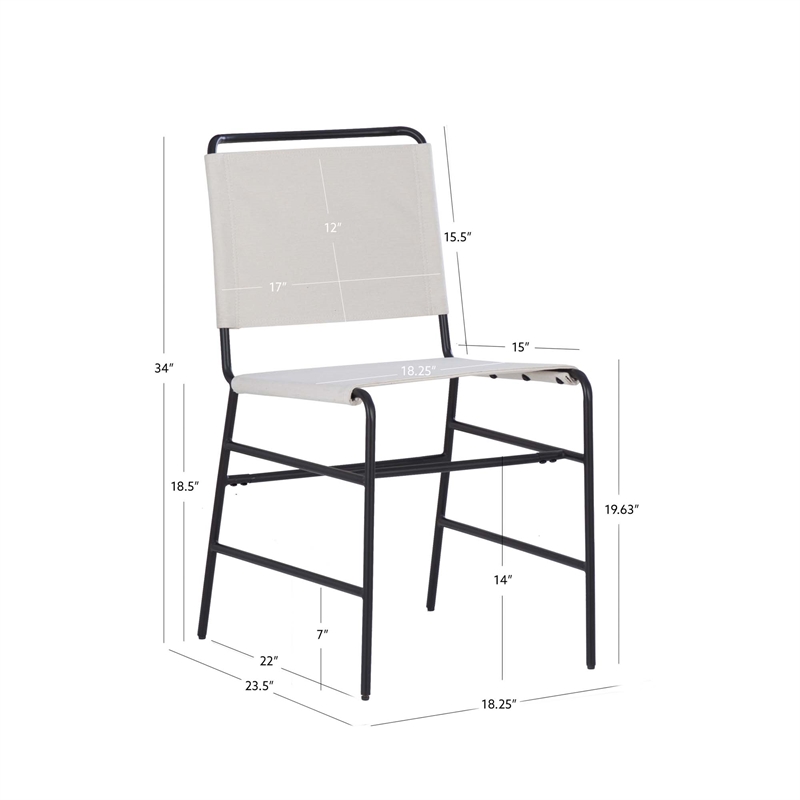 Linon Willey Dining Chair Cream Faux Leather Sling Seat Steel Frame in Black
