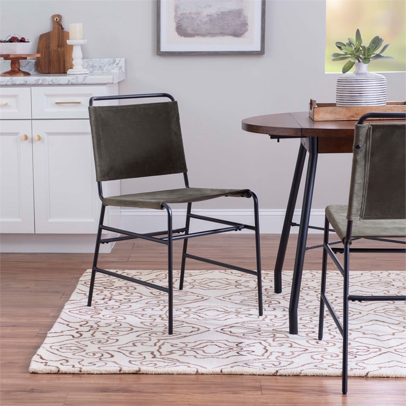 Linon Willey Dining Chair Forest Green Velvet Sling Seat Steel Frame in Black