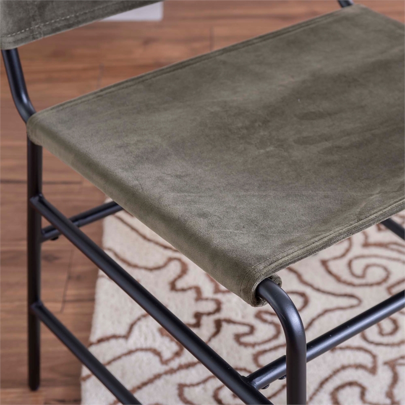 Linon Willey Dining Chair Forest Green Velvet Sling Seat Steel Frame in Black