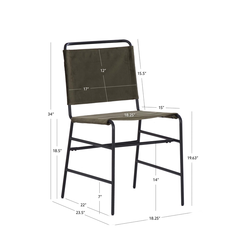 Linon Willey Dining Chair Forest Green Velvet Sling Seat Steel Frame in Black
