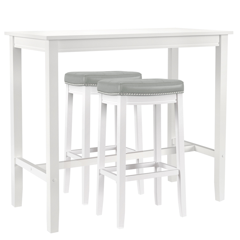 Linon Claridge 3-Pce Bar Height Dining Set Gray Seats in White Painted Wood