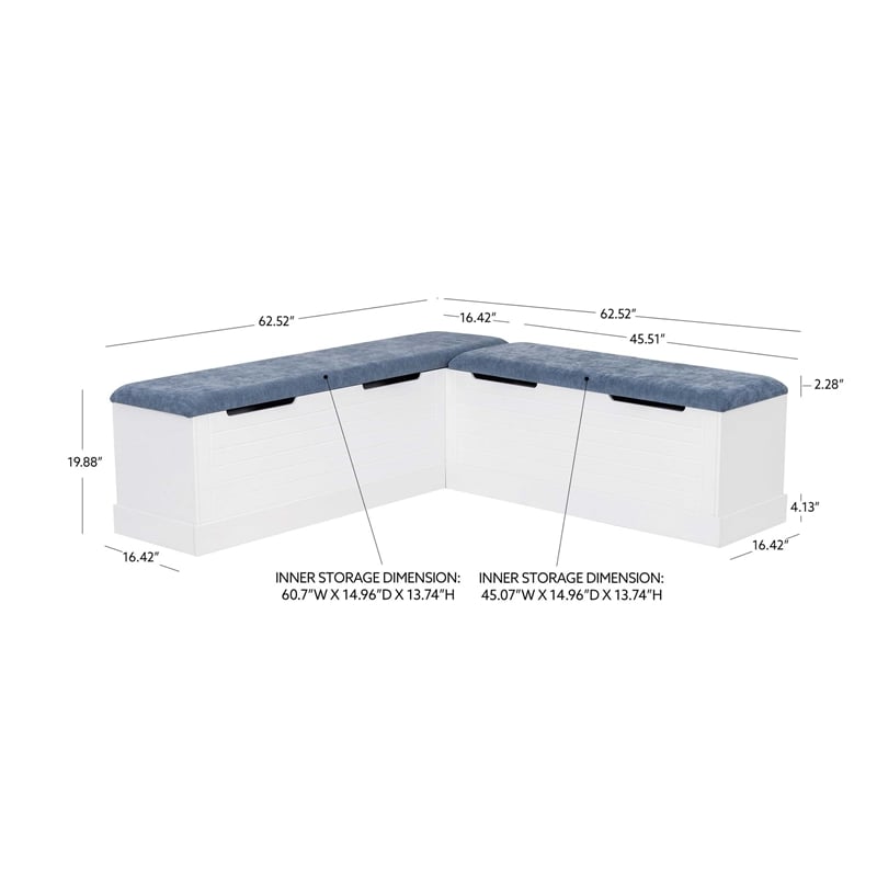 Linon Cleo Backless Storage Nook Blue Microfiber Upholstered Seats in White Wood