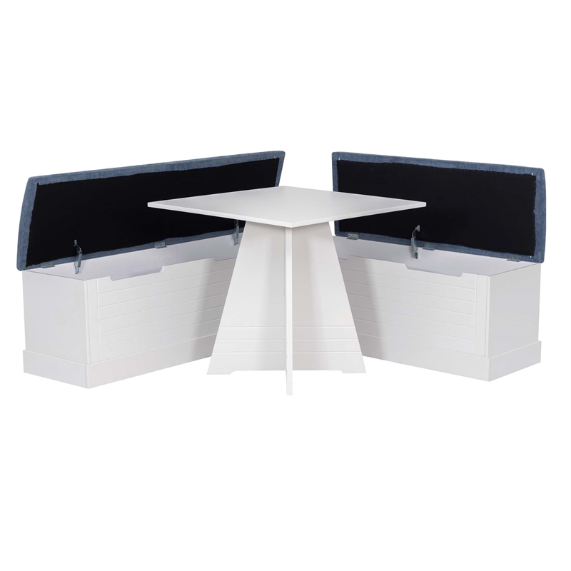 Linon Cleo 3 Pce Blue Upholstered Storage Nook Set & Square Table in White Wood