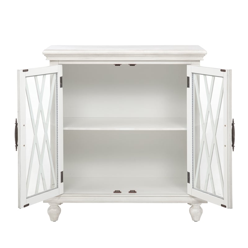 Linon Kelcey Storage Cabinet Windowpane Glass Doors in Creamy White Wood