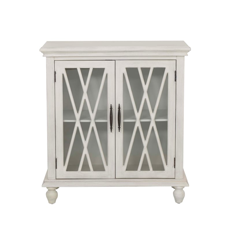 Linon Kelcey Storage Cabinet Windowpane Glass Doors in Creamy White Wood