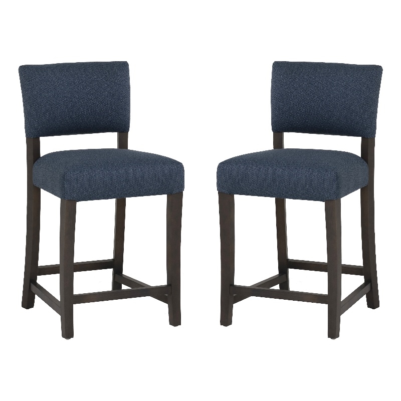 Linon Kari Set of 2 Blue Upholstered Counter Stools in Brown Stained Maple Wood