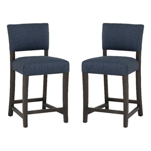 Linon Kari Set of 2 Blue Upholstered Counter Stools in Brown Stained Maple Wood