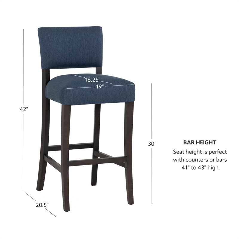 Linon Kari Set of 2 Blue Fully Upholstered Barstools in Dark Brown Stained Wood