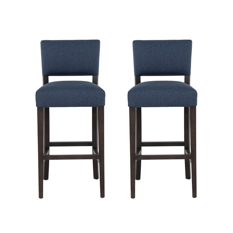 Linon Kari Set of 2 Blue Fully Upholstered Barstools in Dark Brown Stained Wood