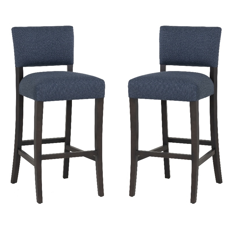 Linon Kari Set of 2 Blue Fully Upholstered Barstools in Dark Brown Stained Wood
