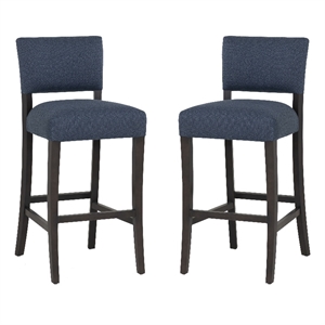 Linon Kari Set of 2 Blue Fully Upholstered Barstools in Dark Brown Stained Wood