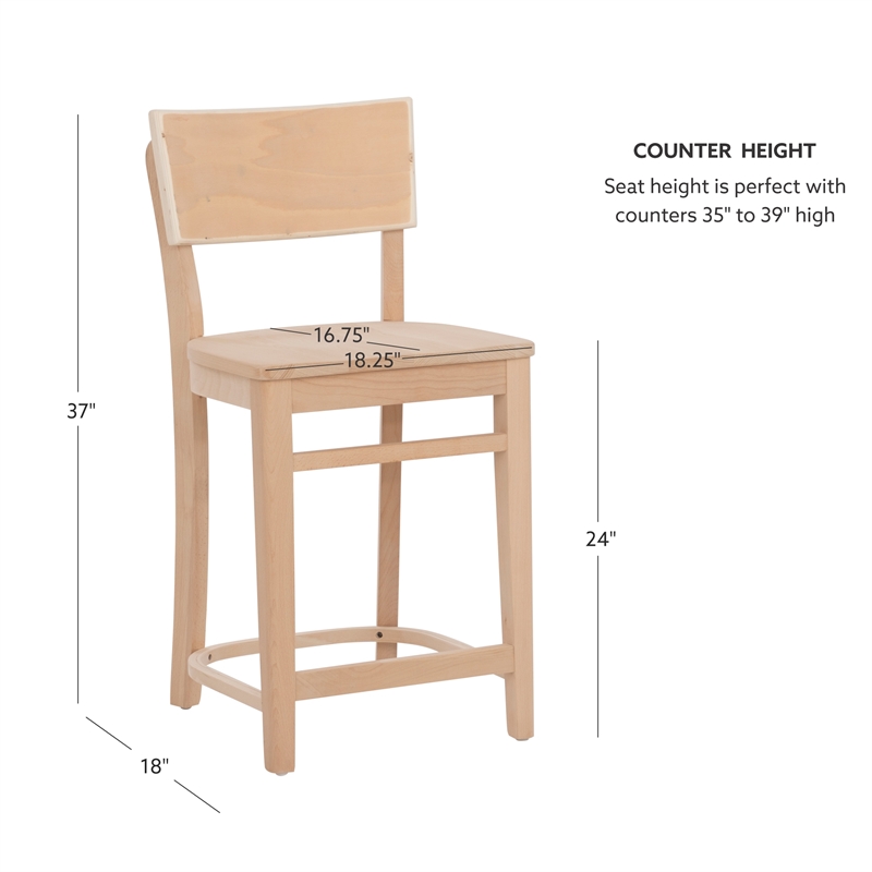 Linon Brina Set of 2 High Back Counter Stools in Unfinished Natural Beechwood