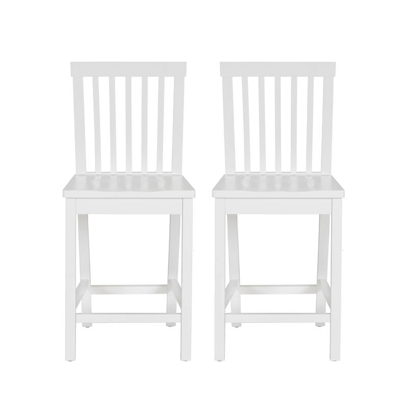 Linon Percy Set of 2 Slat Back Counter Stools in White Glossy Finished Wood