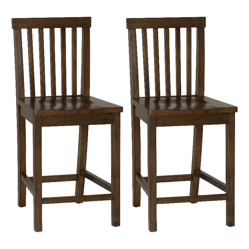 Linon Percy Set of 2 High Slat Back Counter Stools in Glossy Walnut Brown Wood
