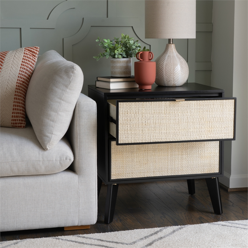 Linon Collett Cane 2 Drawer Nightstand in Black