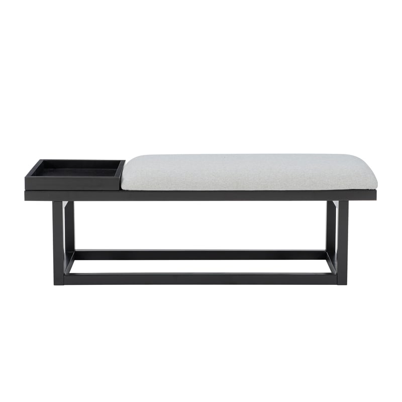 Georgia Gray Upholstered Bench with Removable Tray in Black Wood