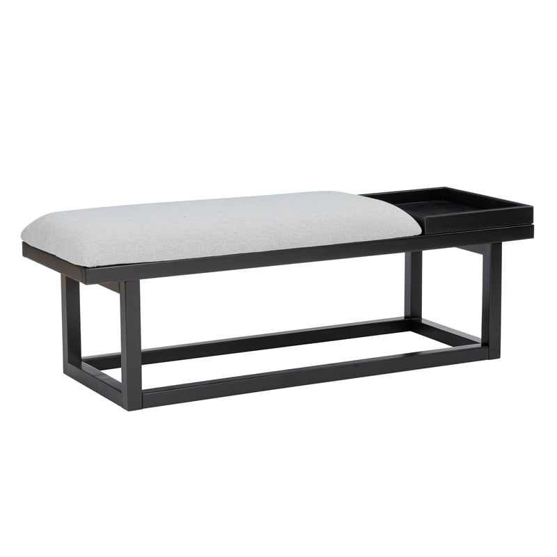 Georgia Gray Upholstered Bench with Removable Tray in Black Wood