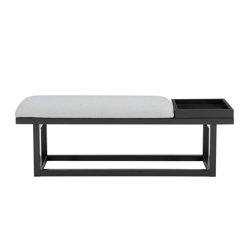 Georgia Gray Upholstered Bench with Removable Tray in Black Wood