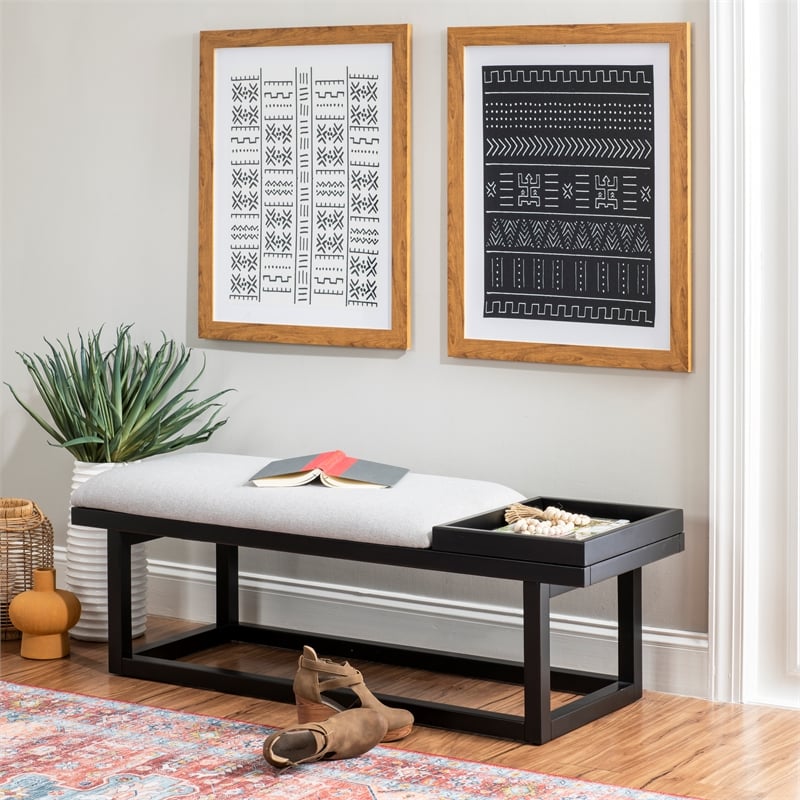 Georgia Gray Upholstered Bench with Removable Tray in Black Wood
