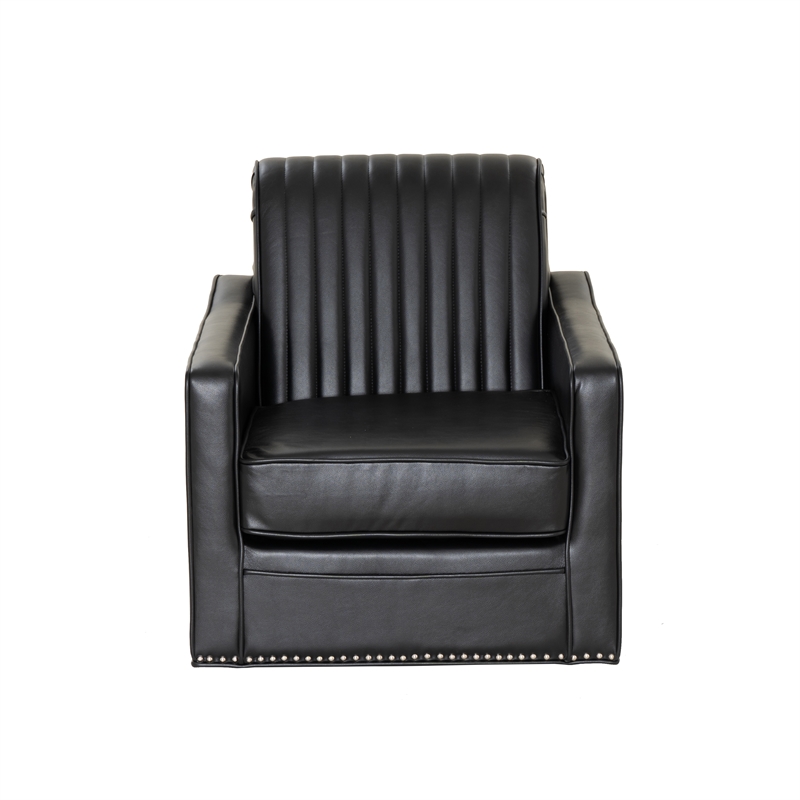 Corin Swivel Accent Chair in Black Faux Leather Tufted Upholstery