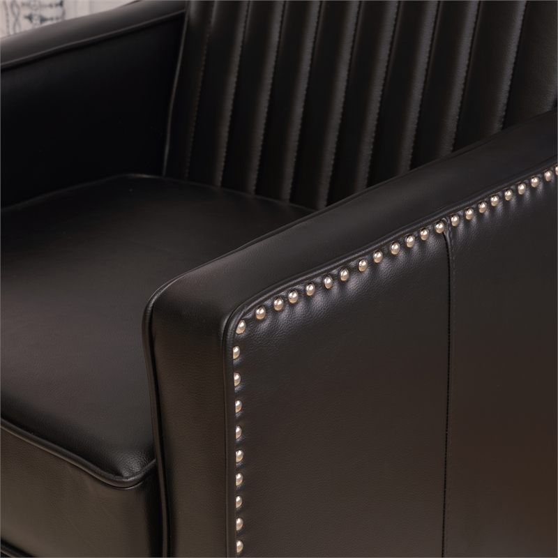 Corin Swivel Accent Chair in Black Faux Leather Tufted Upholstery