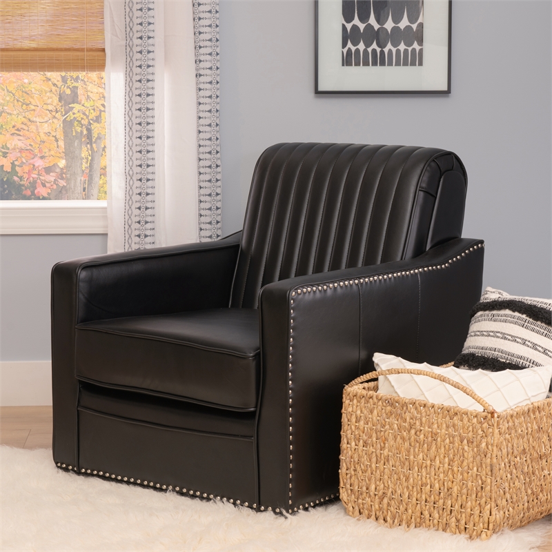 Corin Swivel Accent Chair in Black Faux Leather Tufted Upholstery