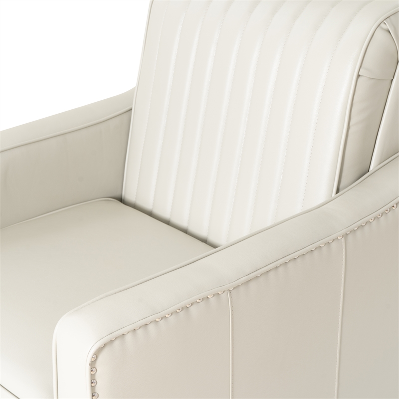 Corin Swivel Accent Chair in Cream Faux Leather Tufted Upholstery