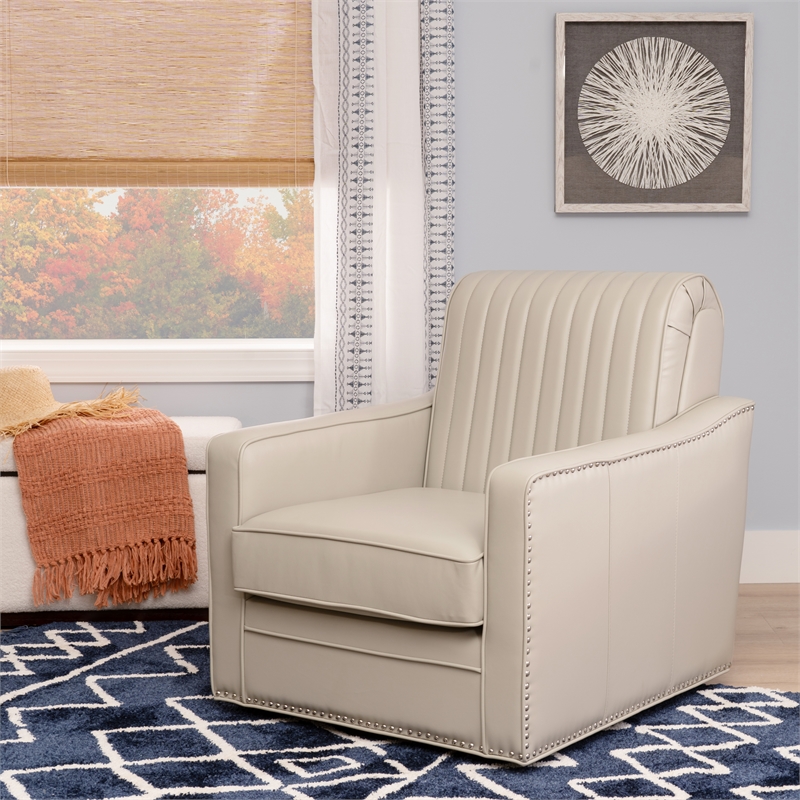 Corin Swivel Accent Chair in Cream Faux Leather Tufted Upholstery