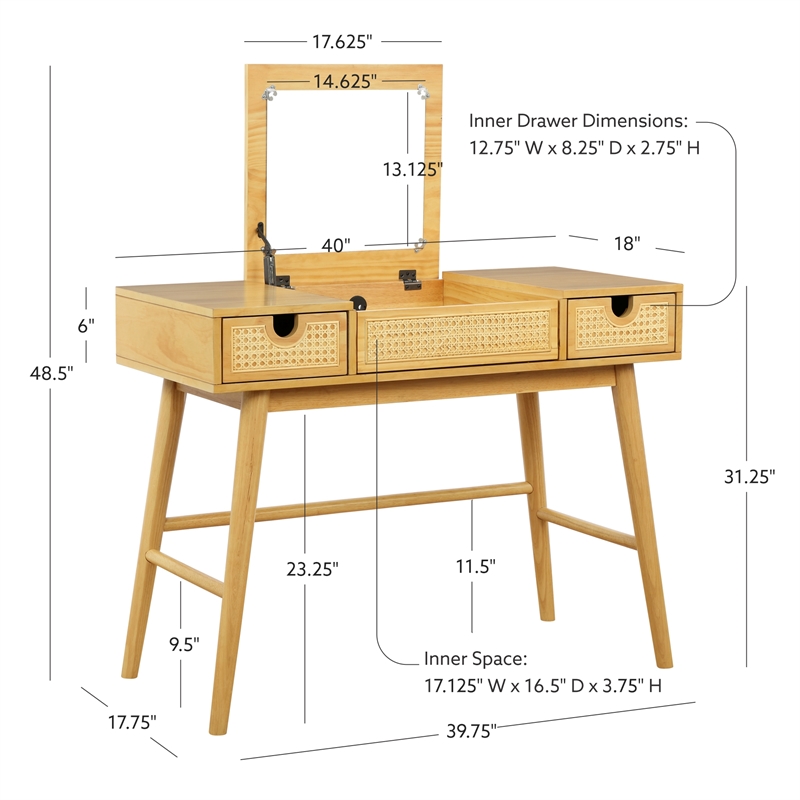 Cecilia Make Up Vanity with Flip Up Mirror and Drawers in Natural Wood