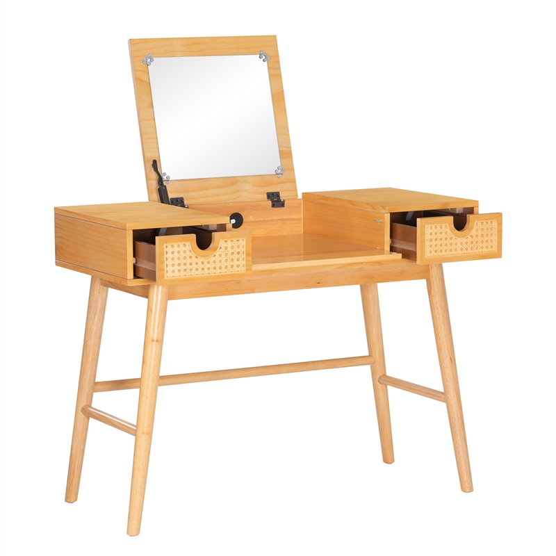 Cecilia Make Up Vanity with Flip Up Mirror and Drawers in Natural Wood